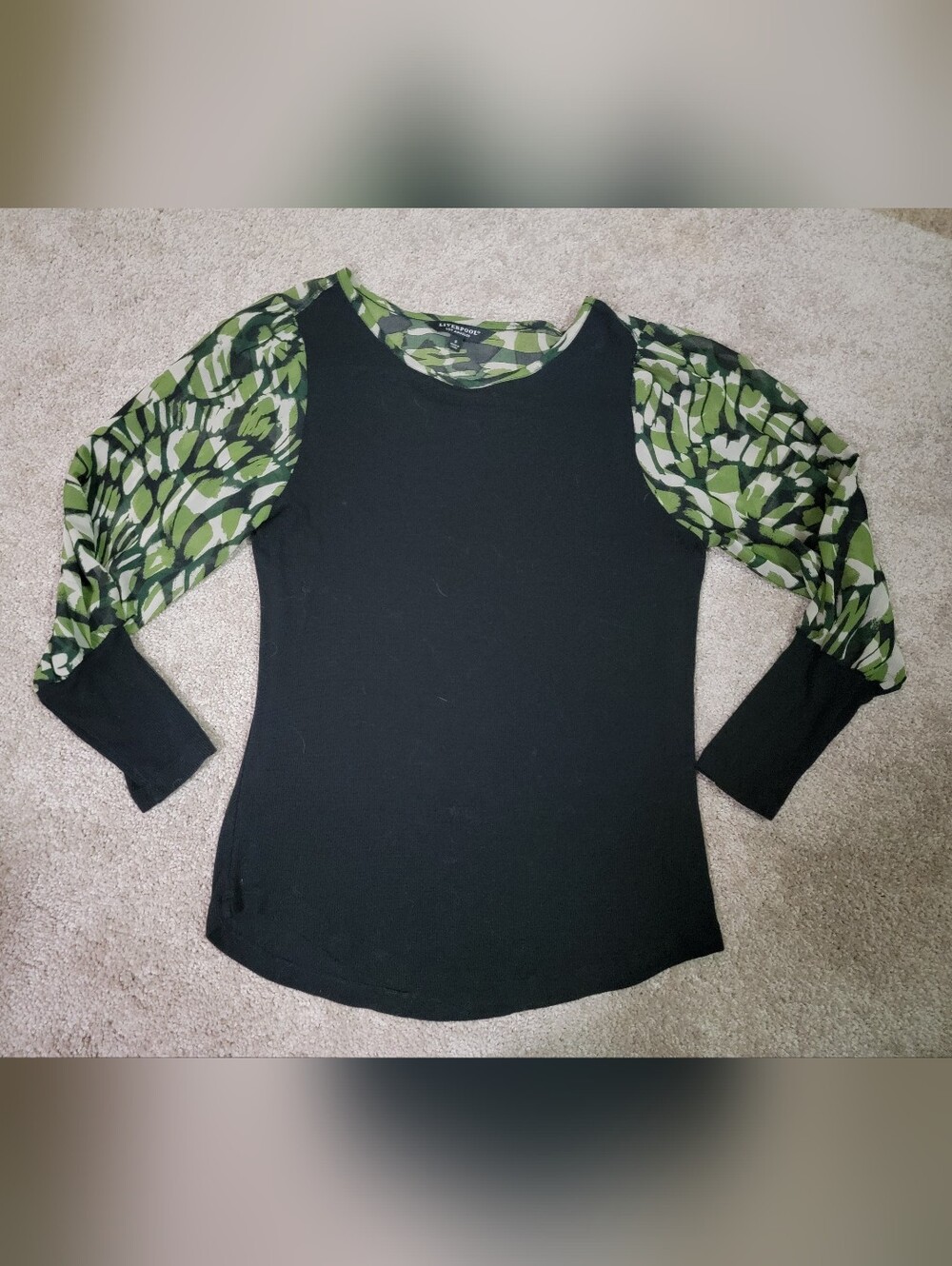 Liverpool Black Top with Sheer Green Printed Sleeves Womens  Sz Sm